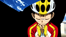a boy wearing a yellow and white helmet with the letter o on it