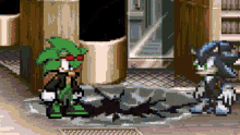 a pixel art of two sonic characters standing next to each other on a sidewalk