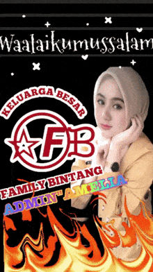 a woman in a hijab stands in front of a logo that says family bintang