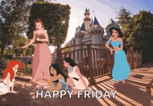a group of princesses are standing on a bridge in front of a castle with the words happy friday below them .