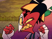a cartoon character with red and yellow teeth is making a fist