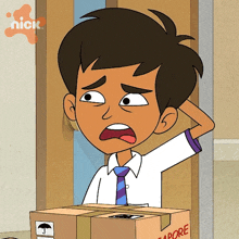 a cartoon of a boy standing next to a cardboard box that says " sapore " on it