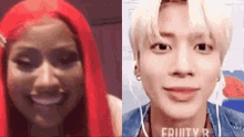 a woman with red hair is smiling next to a man with blonde hair and earphones .
