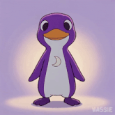 a purple penguin with a crescent moon on its chest is standing in front of a purple background