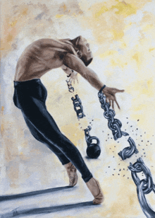 a painting of a man breaking a chain with the letters hb on it