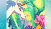 a girl and a unicorn are standing next to each other in a forest