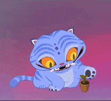 a cartoon cat is holding a potted plant and the word mic is on the bottom