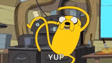 a cartoon character from adventure time is dancing in a kitchen and says yup .