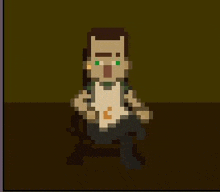 a pixel art of a man sitting in a chair with his mouth open .