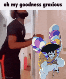 a meme of a man standing next to a cartoon character with the caption oh my goodness gracious