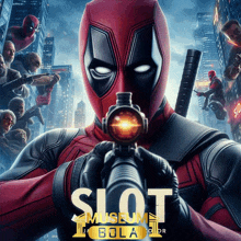 a poster for deadpool shows him pointing a gun at a crowd