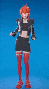 a girl with red hair is wearing a black skirt and red thigh high socks