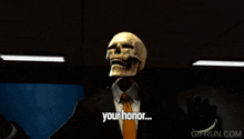 a skeleton in a suit and tie is saying " my client pleads "