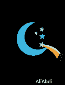 a pixel art of a crescent moon with stars and the name aliabdi on the bottom