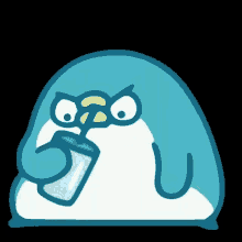 a blue and white penguin is drinking from a glass