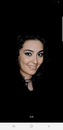 a close up of a woman 's face with a black background and the number 2/4 below it