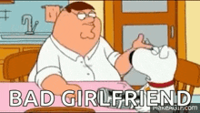 peter griffin from family guy is sitting at a table with a dog and talking to it .