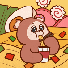 a cartoon bear eating noodles with chopsticks from a cup
