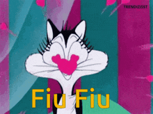 a cartoon cat with a pink heart in its mouth and the words fiu fiu