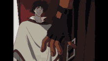 a cowboy bebop character is smiling while standing next to a door