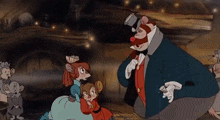 a group of mice are standing around a man in a suit and top hat in a cartoon .