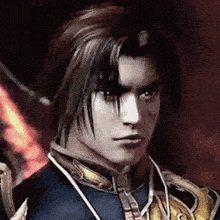 a close up of a man 's face with a sword in the background