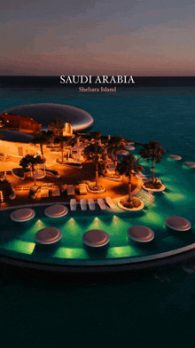 an advertisement for saudi arabia shows a swimming pool and palm trees