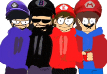 a group of cartoon characters are standing next to each other and one of them is wearing a hat with the letter b on it