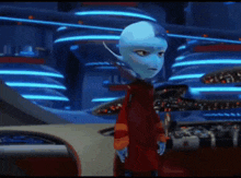 a cartoon character with a blue head and a red jacket
