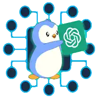 a blue and white penguin holding a green square with a flower on it