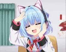 a blue haired anime girl wearing headphones and cat ears