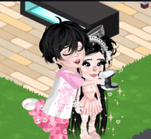 a girl in a pink dress is hugging a boy in a black shirt