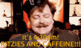 a man with his eyes closed says it 's 4:30 pm ritzies and caffeine !!!