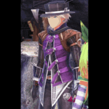 a video game character is wearing a top hat and a purple jacket