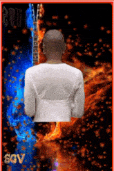 a man in a white shirt is holding a guitar in front of a blue and orange fire background