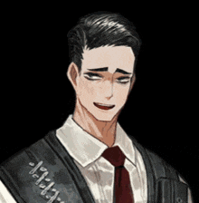 a drawing of a man wearing a white shirt and red tie with a black vest with numbers on it