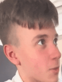 a close up of a young boy with a very short haircut .