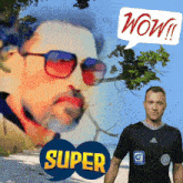 a man in a black adidas shirt stands in front of a picture of a man wearing sunglasses