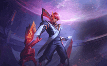 a man with red hair is holding a red shield
