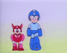 a cartoon character named mega man standing next to a dog .
