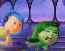 two cartoon characters , joy and disgust , are dancing together in a room .