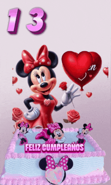 a birthday cake with minnie mouse and the number 13 on top