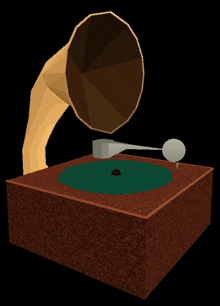 a cartoon drawing of a phonograph with a green record on it