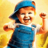 a baby wearing a blue hat and overalls is smiling and raising his fist in the air .