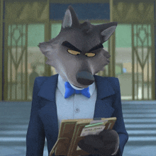 a cartoon character with a wolf 's head is holding a clipboard with the word mail on it