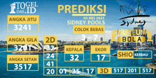 a poster for prediksi sydney pools with a picture of sydney in the background