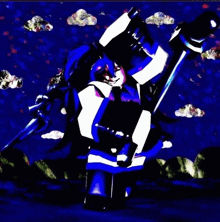 a cartoon character is holding a sword in front of a blue background .