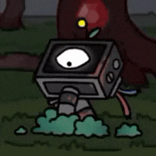 a cartoon of a robot with a big eye standing in the grass .