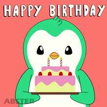 a penguin is holding a birthday cake with candles on it