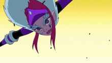a cartoon character with purple hair is flying through the air .